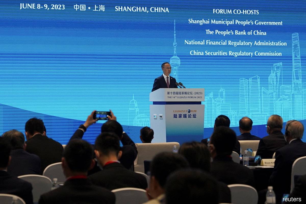 Li Yunze, director of China's National Financial Regulatory Administration, speaks at the Lujiazui Forum in Shanghai June 8, 2023. (Reuters pic)